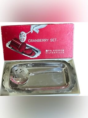Vintage Wm Rogers Silverplate Cranberry Set Tray & Pierced Spoon w/ Box Holiday
